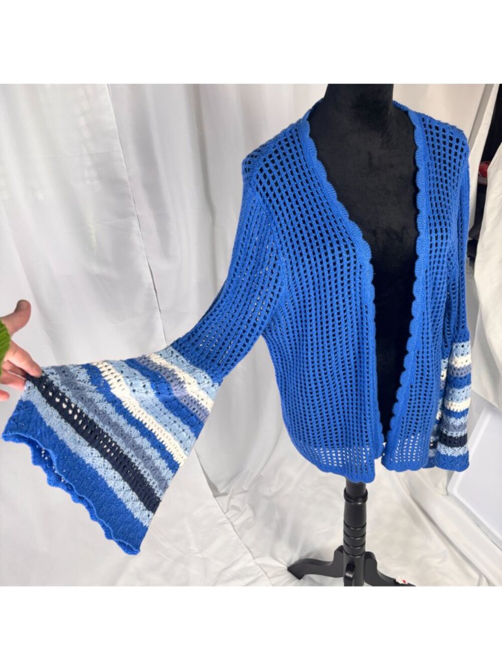Cato Blue Crochet Cardigan XL Open-Front Boho Bell Sleeve Grandma Core Stripe - Picture 3 of 6
